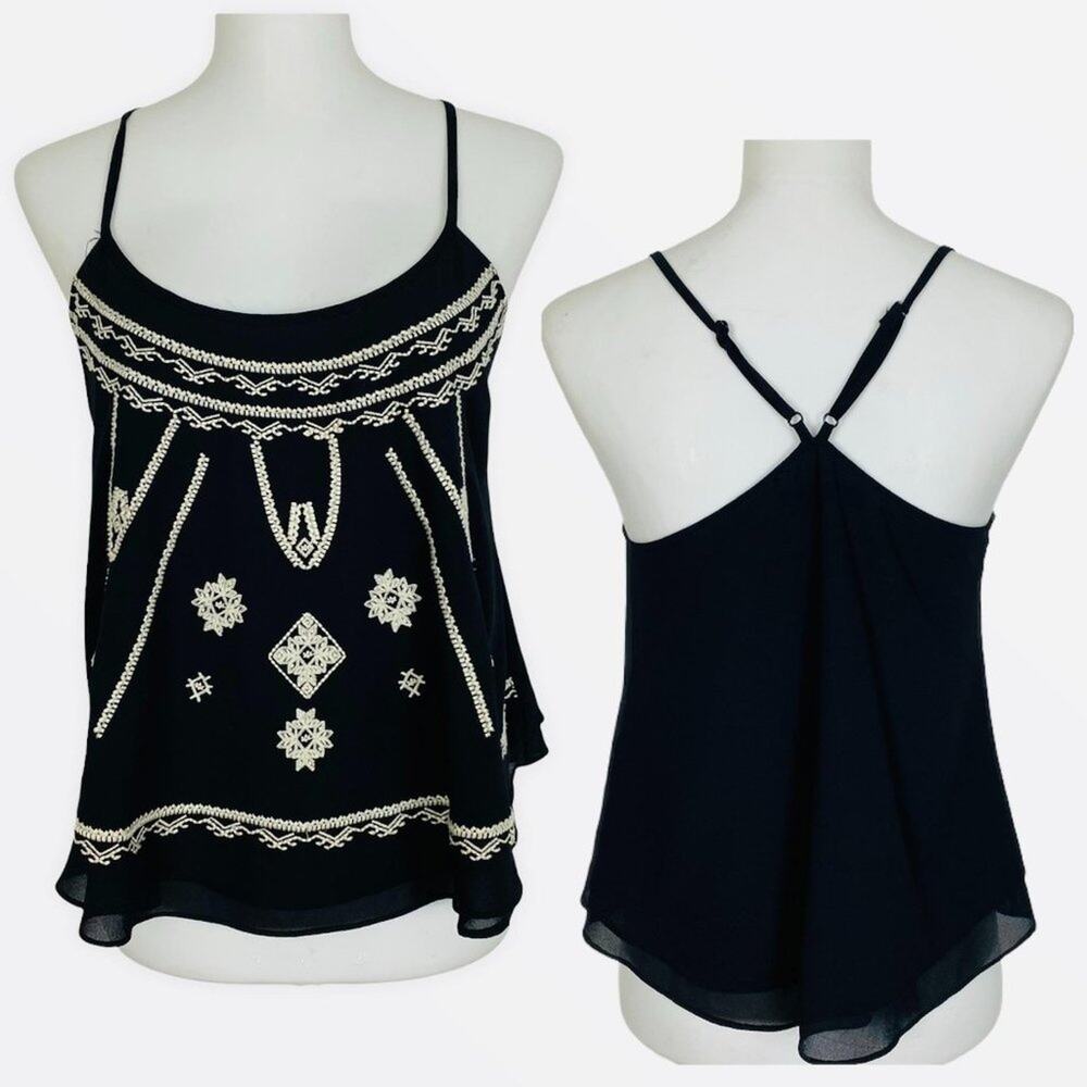 Alicia Blue Loose Fit Embroidered Sheer Cami with Lining Small Black